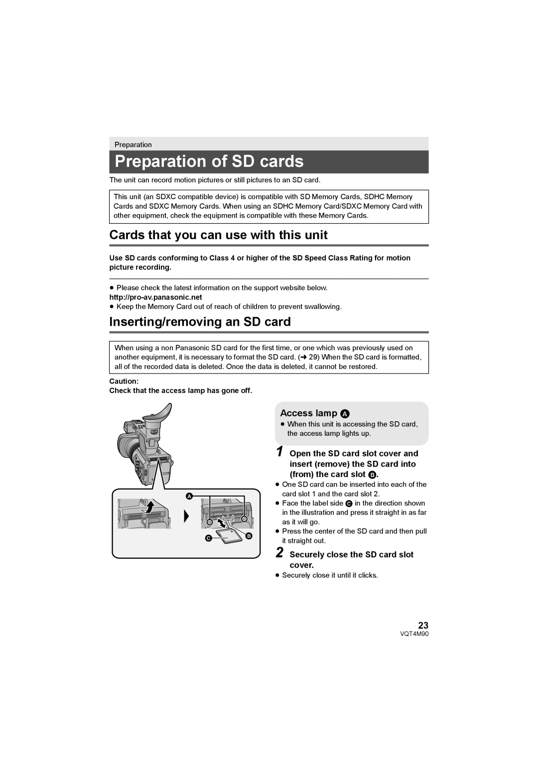 Panasonic AG-AC90PJ Preparation of SD cards, Cards that you can use with this unit, Inserting/removing an SD card 