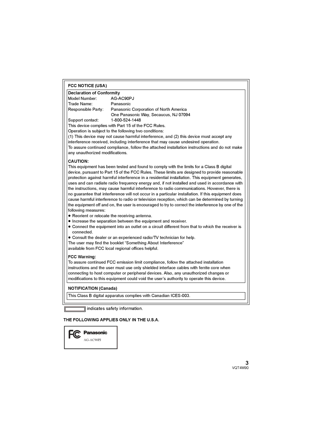 Panasonic AG-AC90PX, AG-AC90PJ operating instructions Declaration of Conformity, FCC Warning, Notification Canada 