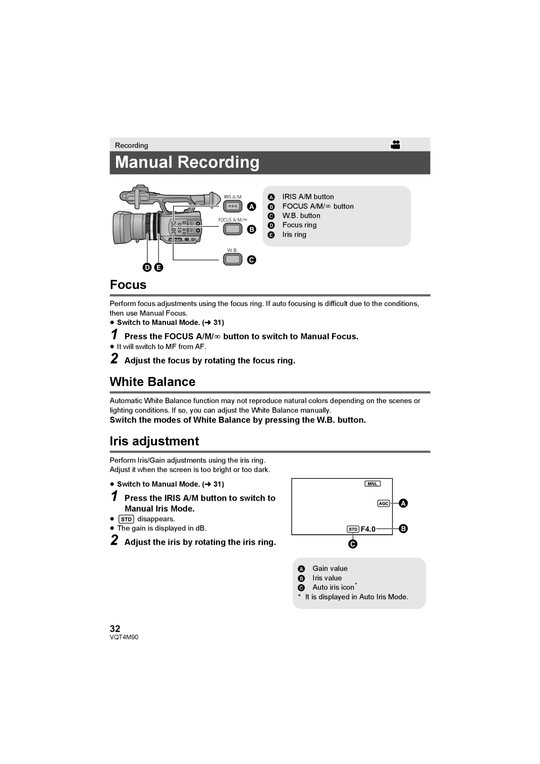 Panasonic AG-AC90PJ, AG-AC90PX operating instructions Manual Recording, Focus, White Balance, Iris adjustment,   