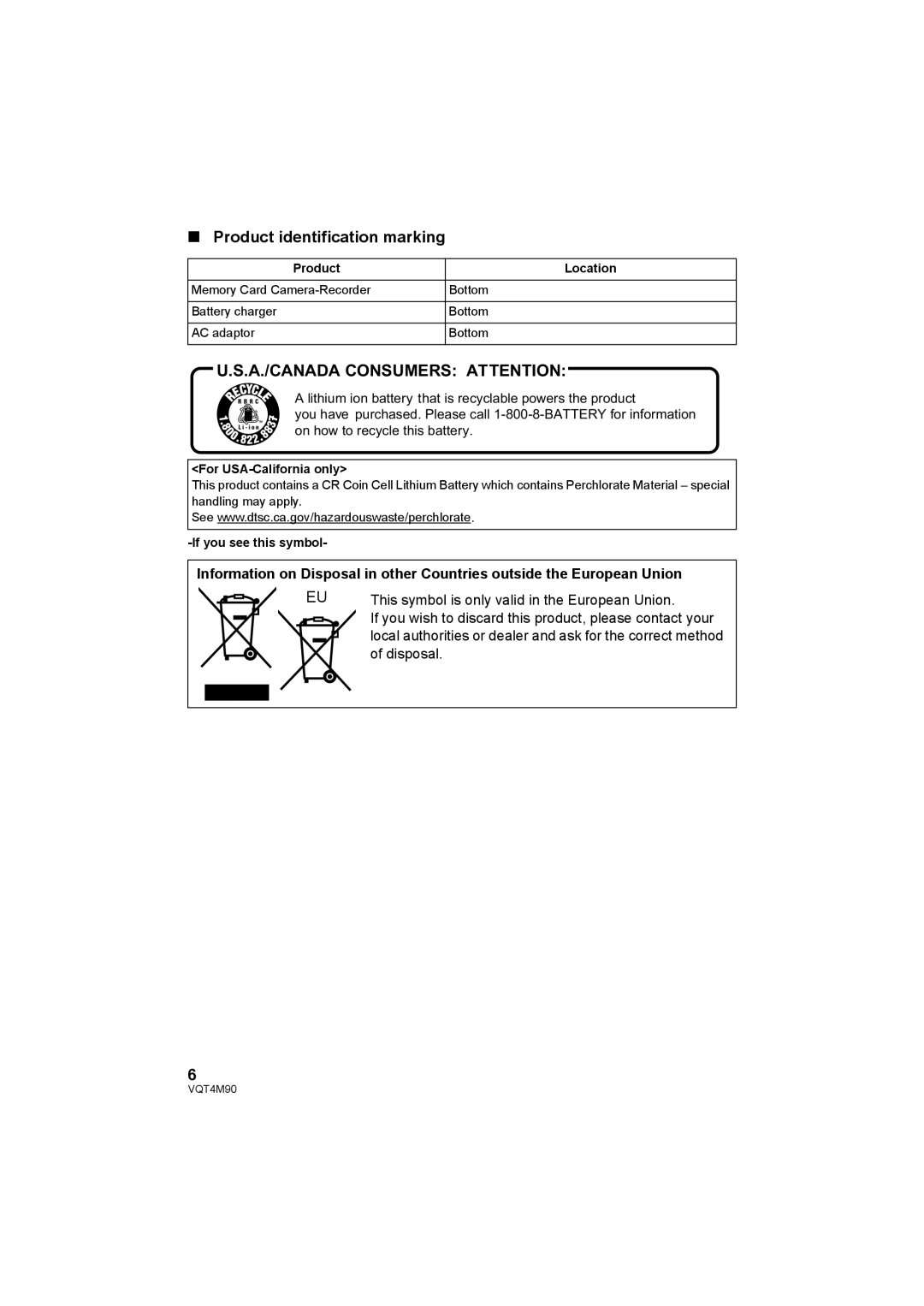 Panasonic AG-AC90PX Product identification marking, Product Location, For USA-California only, If you see this symbol 