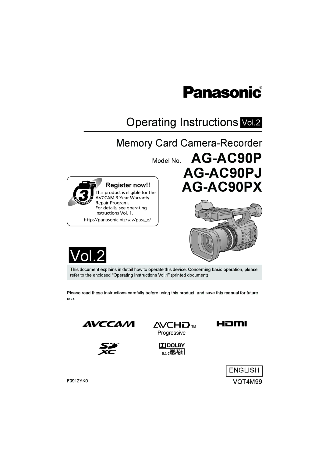 Panasonic AG-AC90PX, AG-AC90PJ operating instructions Operating Instructions Vol.1, Please read first 