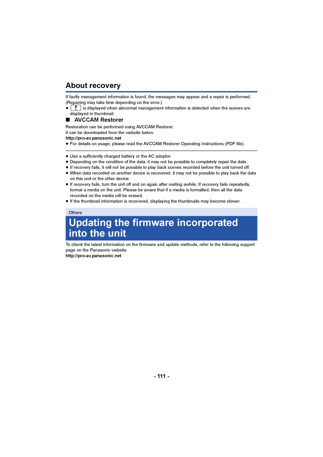 Panasonic AG-AC90PX, AG-AC90PJ Updating the firmware incorporated into the unit, About recovery, Avccam Restorer, 111 