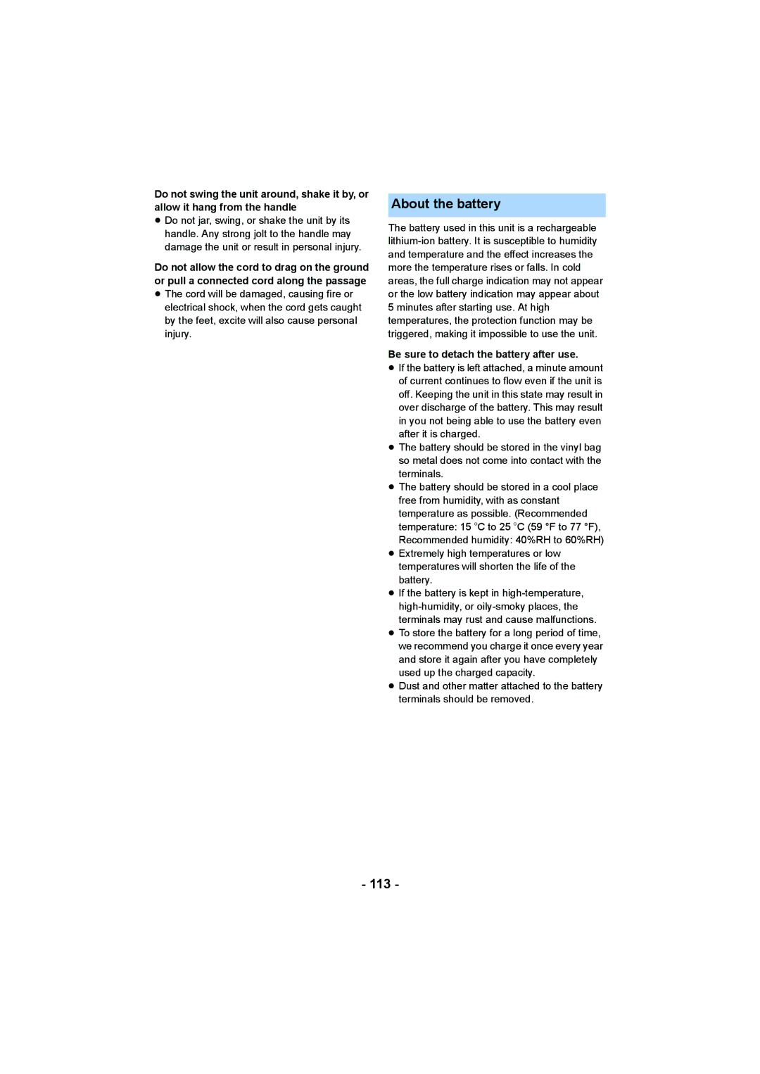 Panasonic AG-AC90PJ, AG-AC90PX operating instructions About the battery, 113, Be sure to detach the battery after use 