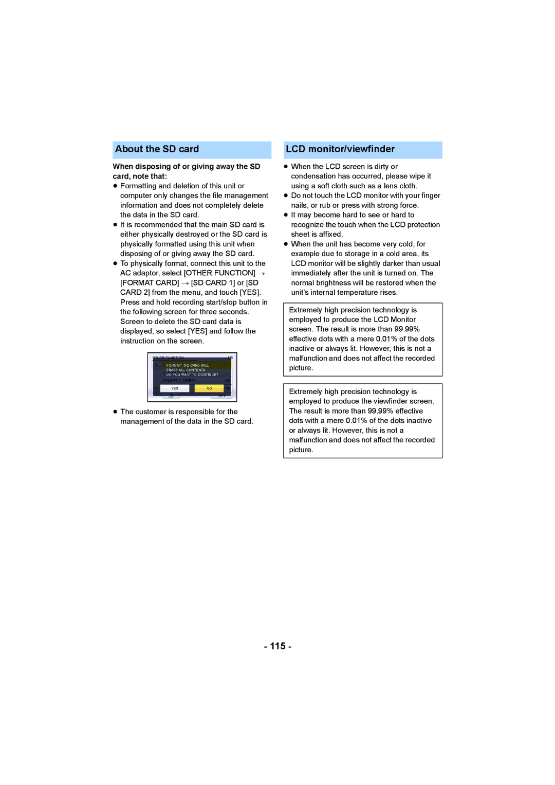 Panasonic AG-AC90P About the SD card, LCD monitor/viewfinder, 115, When disposing of or giving away the SD card, note that 