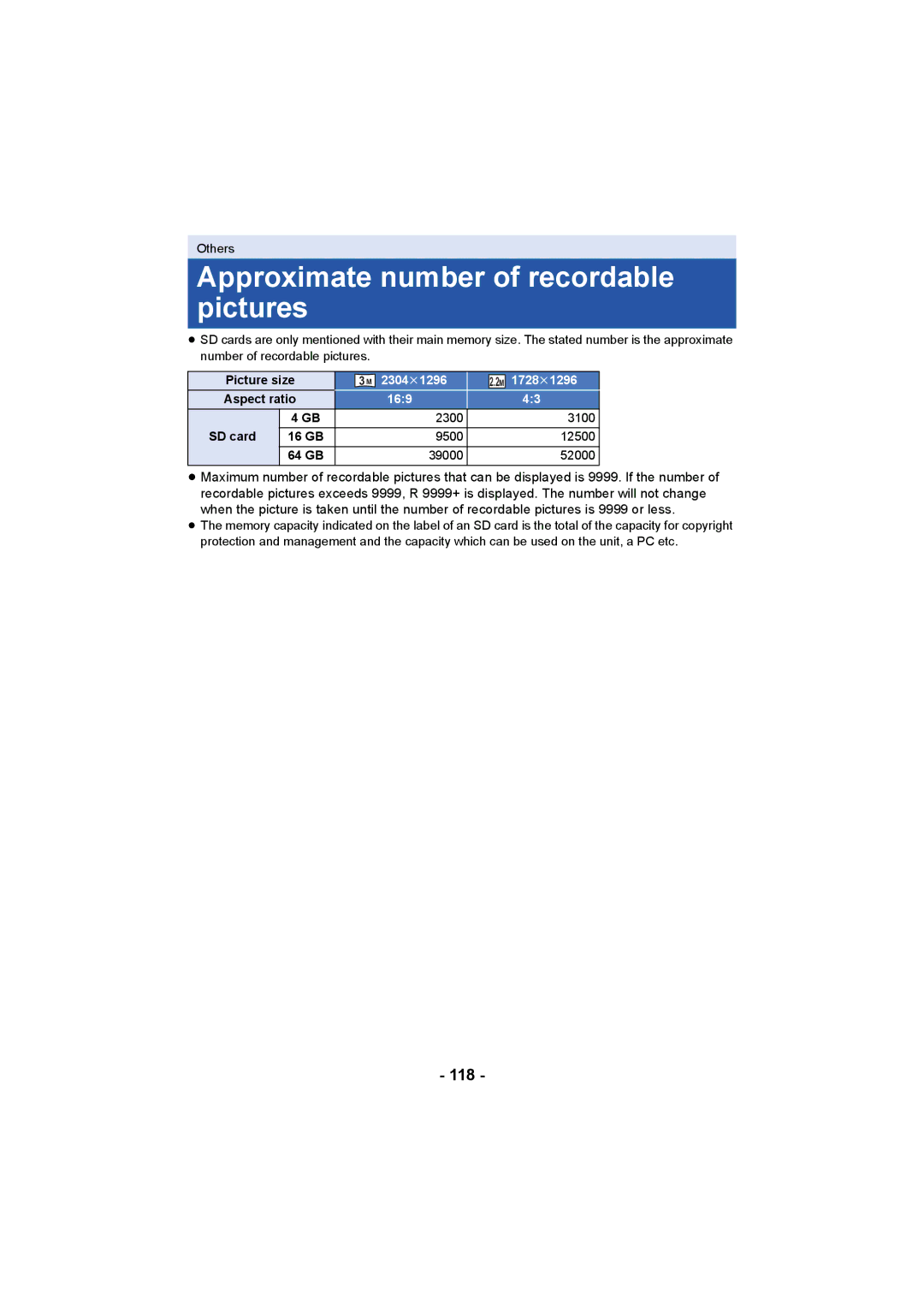 Panasonic AG-AC90P Approximate number of recordable pictures, 118, 2300 3100 SD card 16 GB 9500 12500 64 GB 39000 52000 