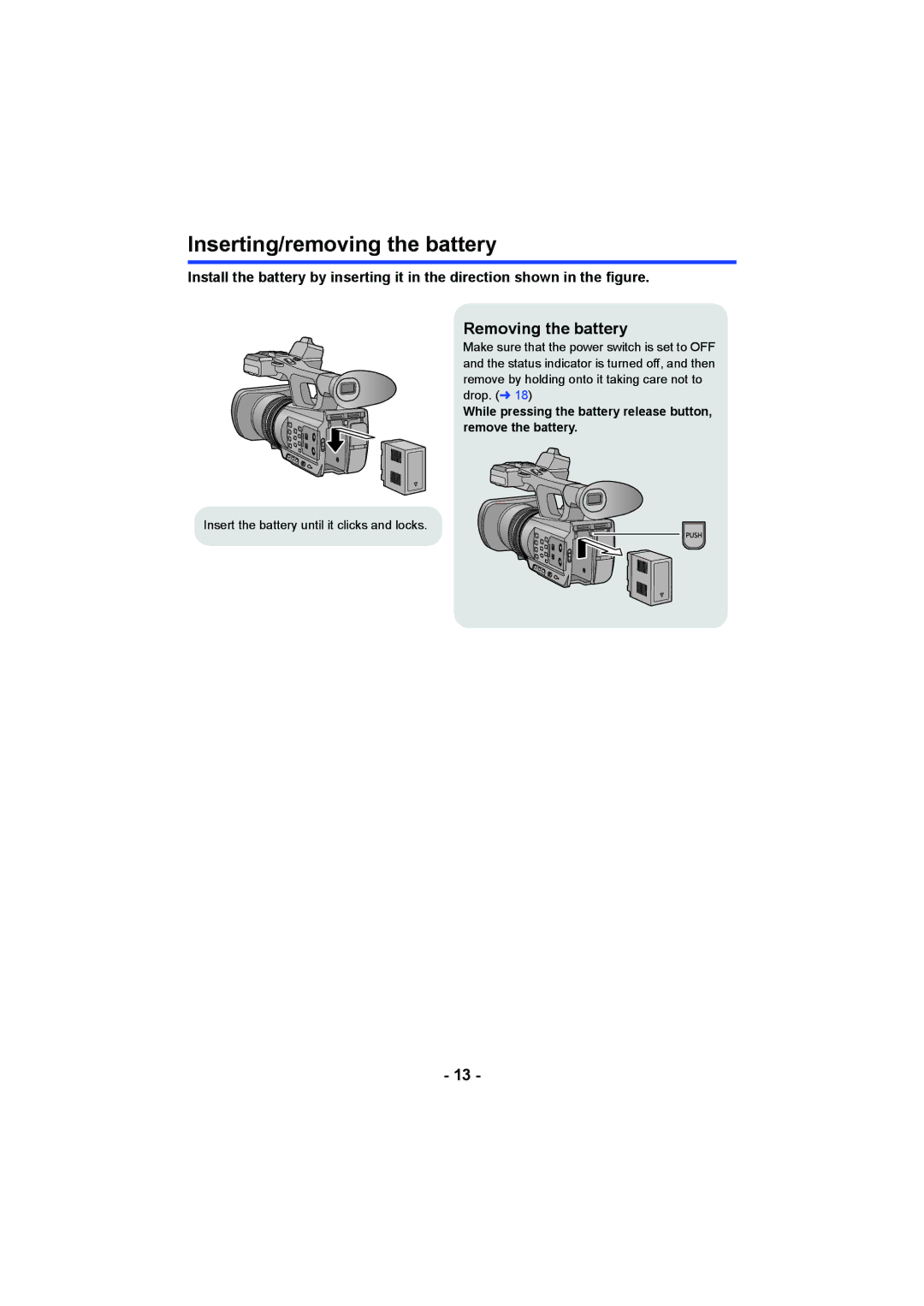 Panasonic AG-AC90PX, AG-AC90PJ operating instructions Inserting/removing the battery, Removing the battery 