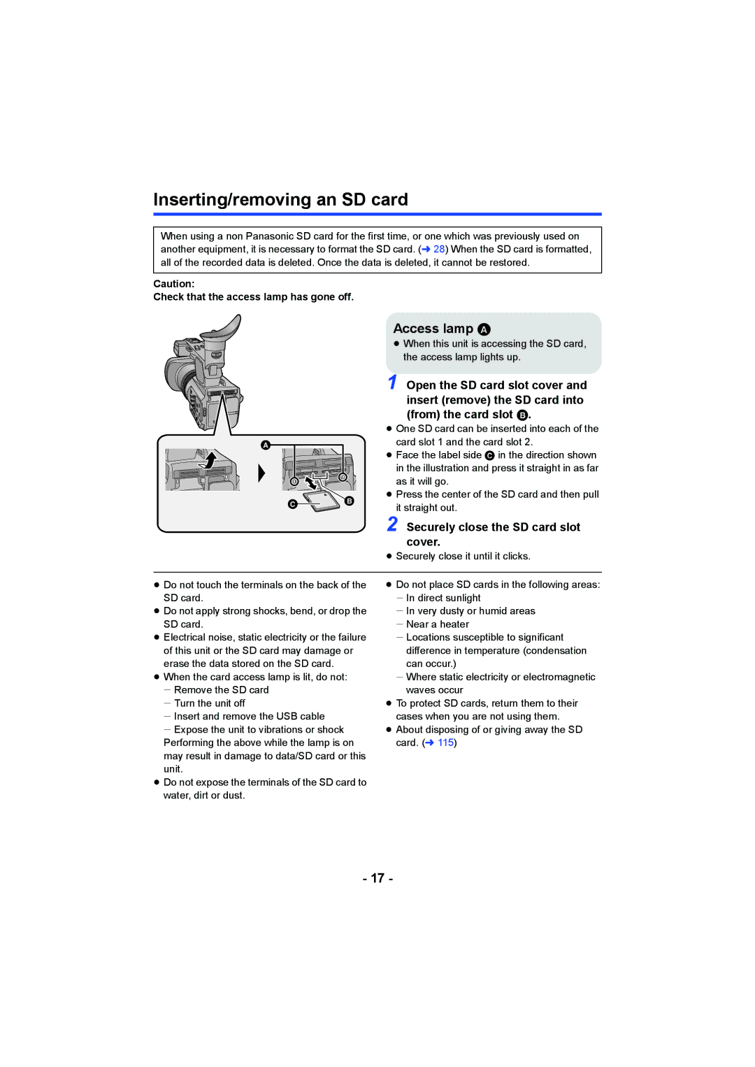 Panasonic AG-AC90PJ, AG-AC90PX operating instructions Inserting/removing an SD card, Access lamp a 