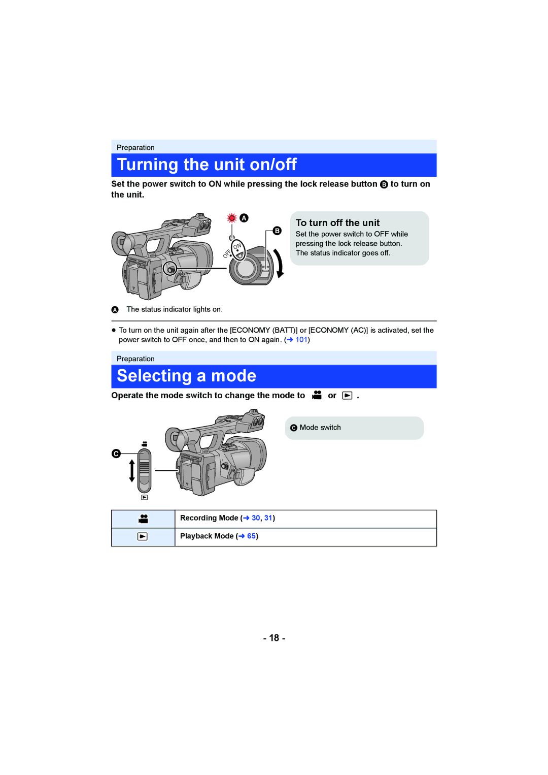 Panasonic AG-AC90PX Turning the unit on/off, Selecting a mode, To turn off the unit, Recording Mode l 30 Playback Mode l 