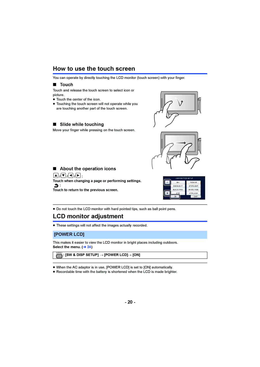 Panasonic AG-AC90PJ, AG-AC90PX operating instructions How to use the touch screen, LCD monitor adjustment, Power LCD 