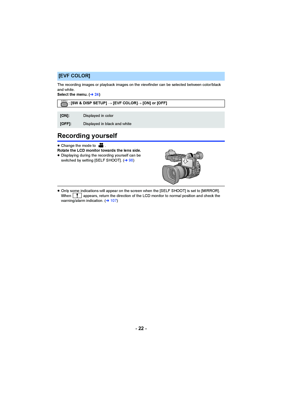 Panasonic AG-AC90PX, AG-AC90PJ operating instructions Recording yourself, EVF Color 