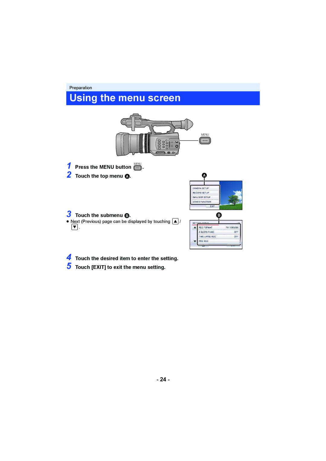 Panasonic AG-AC90PX, AG-AC90PJ operating instructions Using the menu screen 