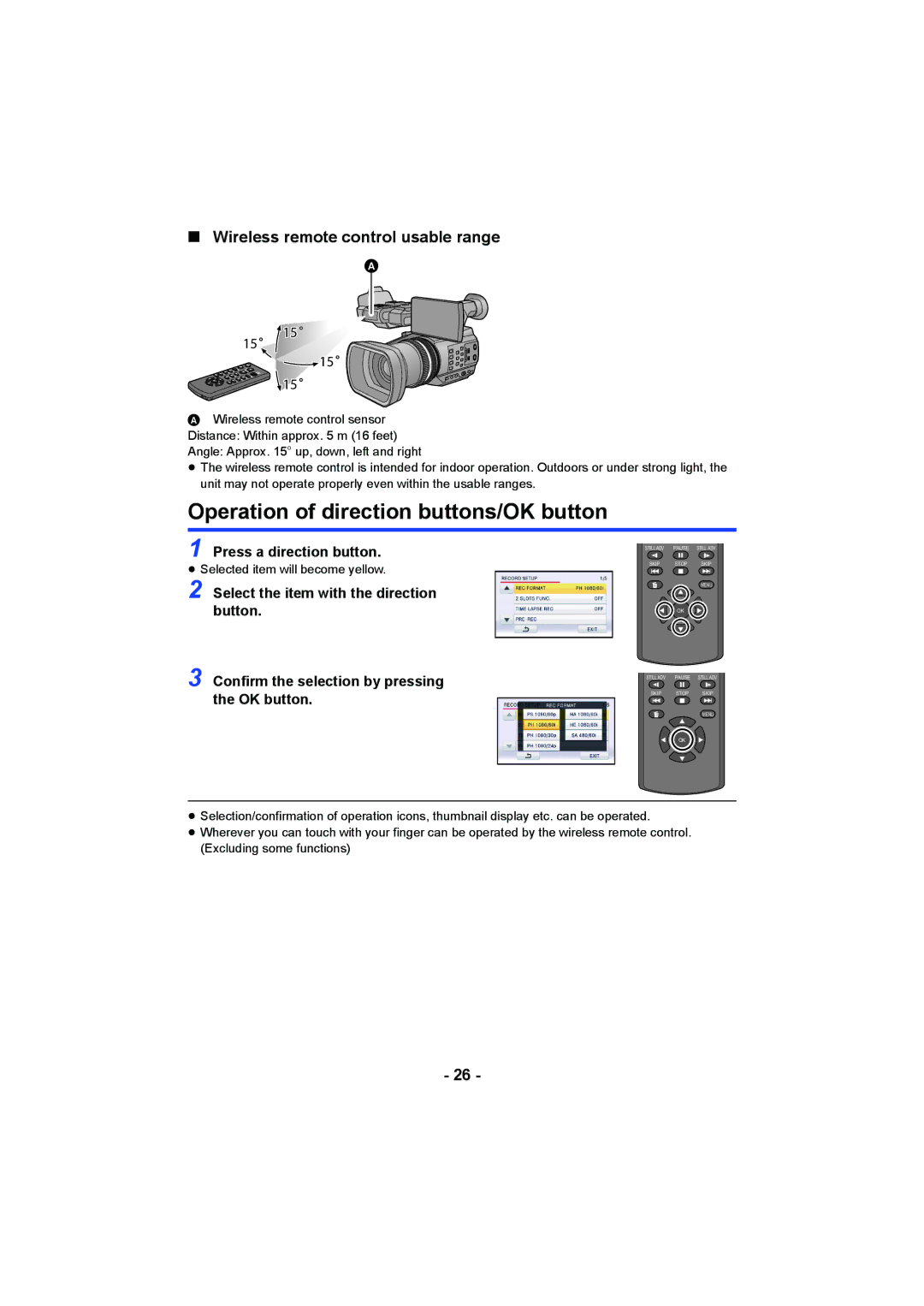 Panasonic AG-AC90PJ, AG-AC90PX Operation of direction buttons/OK button, Wireless remote control usable range 