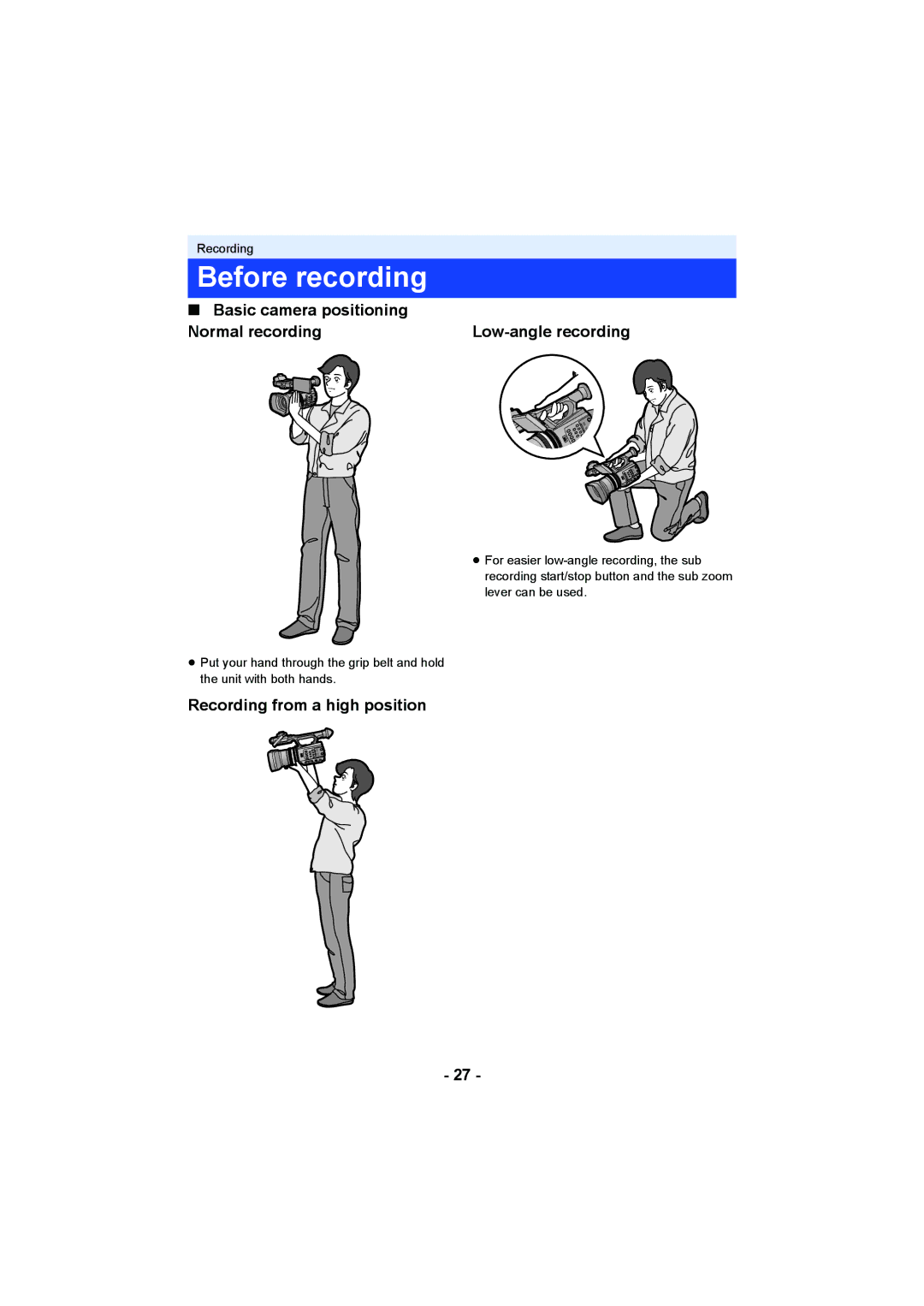 Panasonic AG-AC90PX, AG-AC90PJ operating instructions Before recording, Recording from a high position 