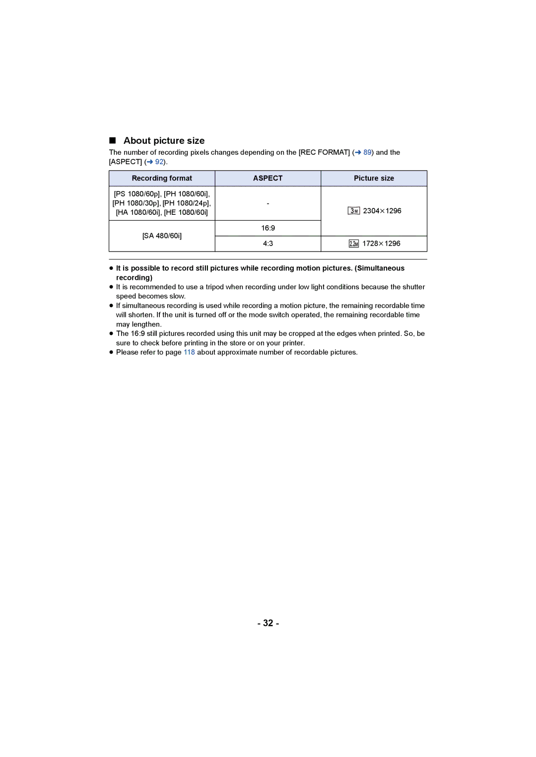 Panasonic AG-AC90PJ, AG-AC90PX operating instructions About picture size, Recording format, Aspect, Picture size 