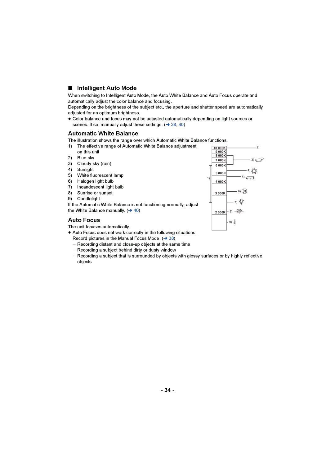 Panasonic AG-AC90PX, AG-AC90PJ operating instructions Intelligent Auto Mode, Automatic White Balance, Auto Focus 