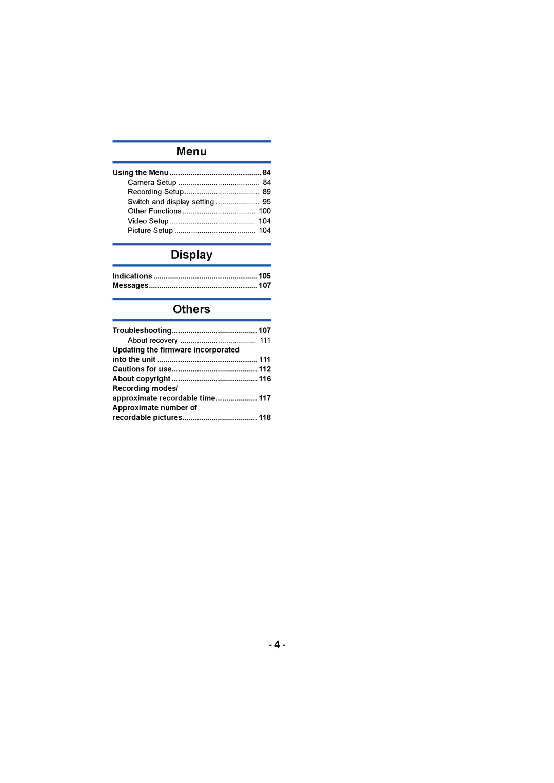 Panasonic AG-AC90P 100, 104, 105, 107, 111, Updating the firmware incorporated, 112, 116, Recording modes, 117, 118 