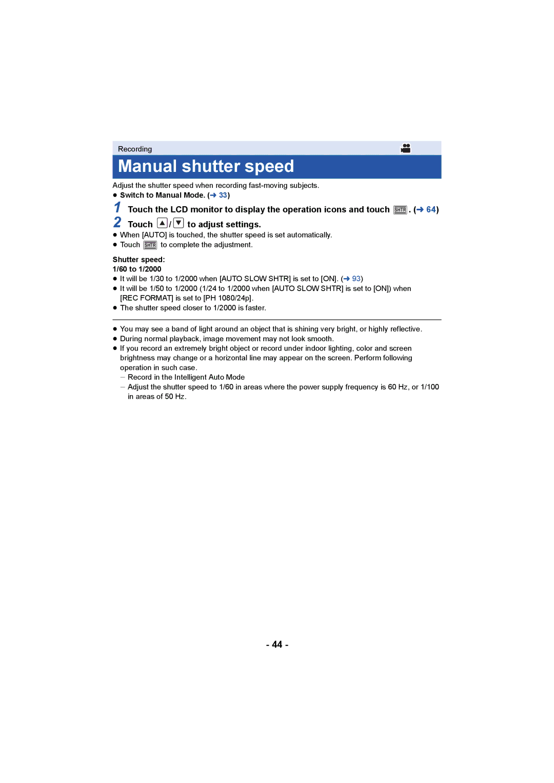 Panasonic AG-AC90PJ, AG-AC90PX operating instructions Manual shutter speed, Shutter speed 1/60 to 1/2000 