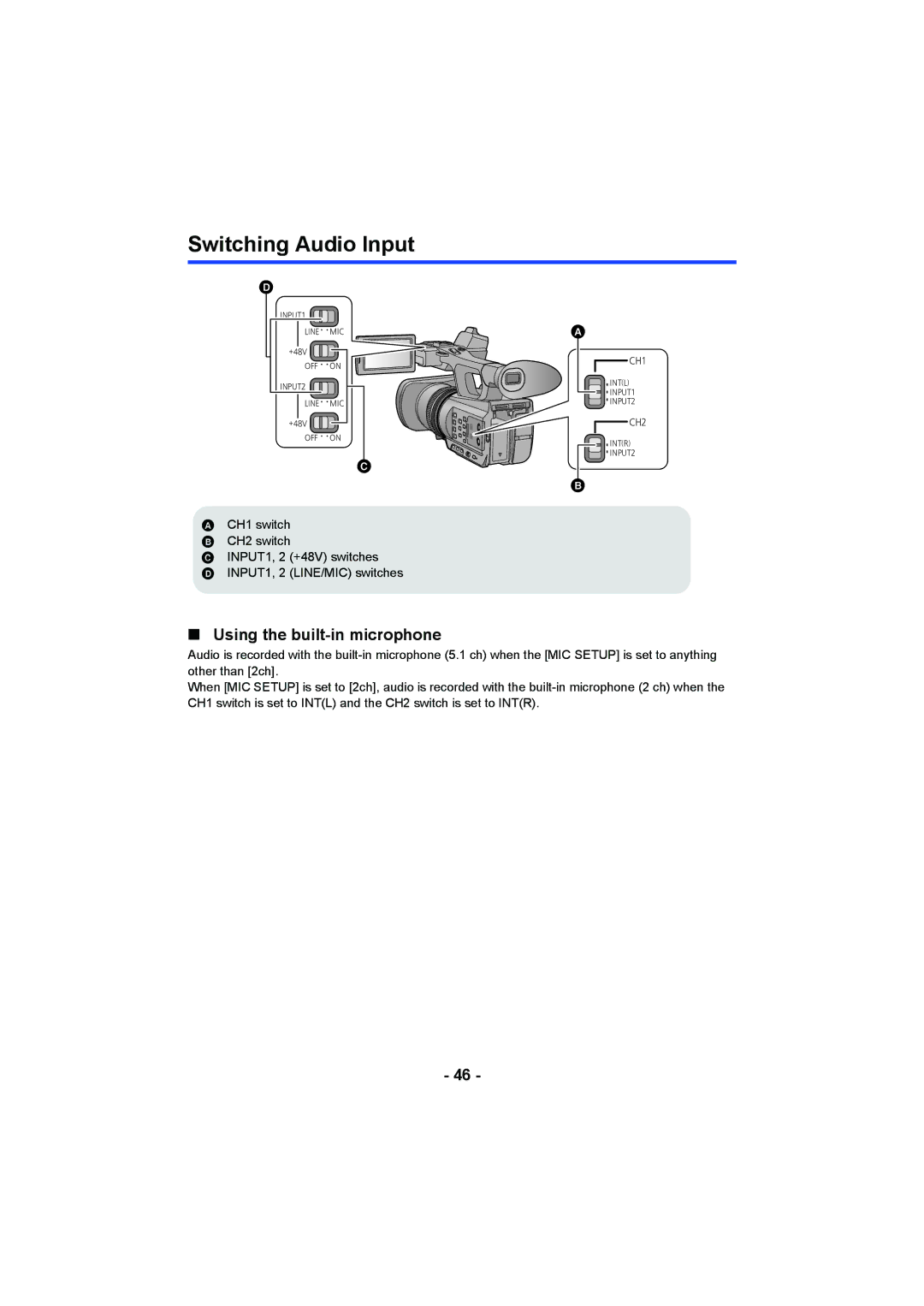 Panasonic AG-AC90PX, AG-AC90PJ operating instructions Switching Audio Input, Using the built-in microphone 