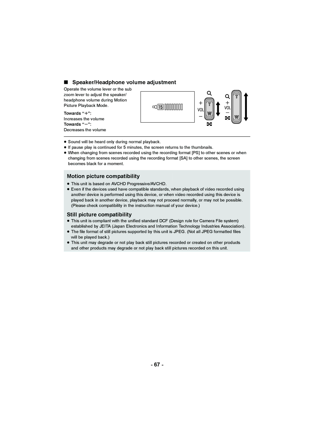 Panasonic AG-AC90P Speaker/Headphone volume adjustment, Motion picture compatibility, Still picture compatibility 