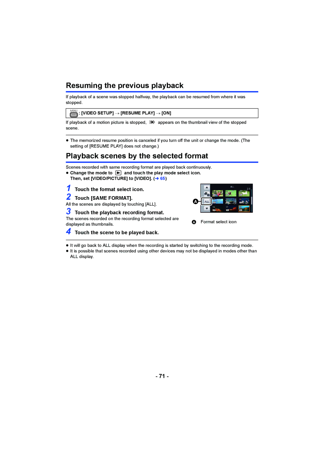 Panasonic AG-AC90PJ Resuming the previous playback, Playback scenes by the selected format, Touch the format select icon 