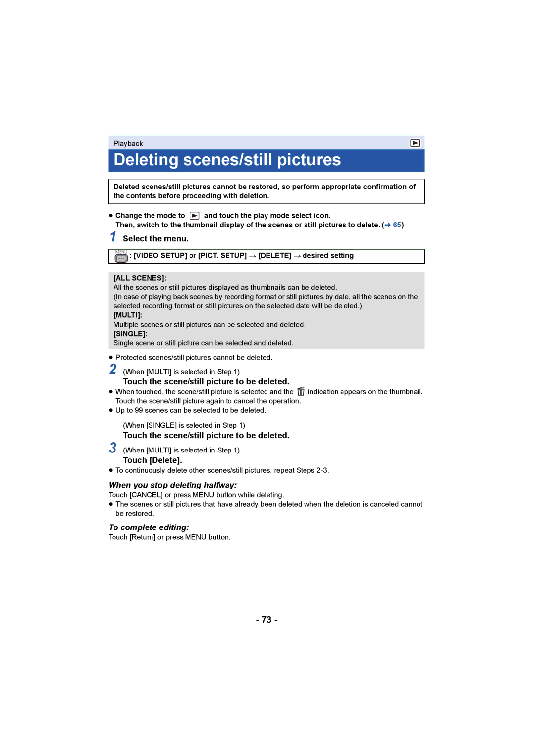 Panasonic AG-AC90PX Deleting scenes/still pictures, Touch the scene/still picture to be deleted, Touch Delete 