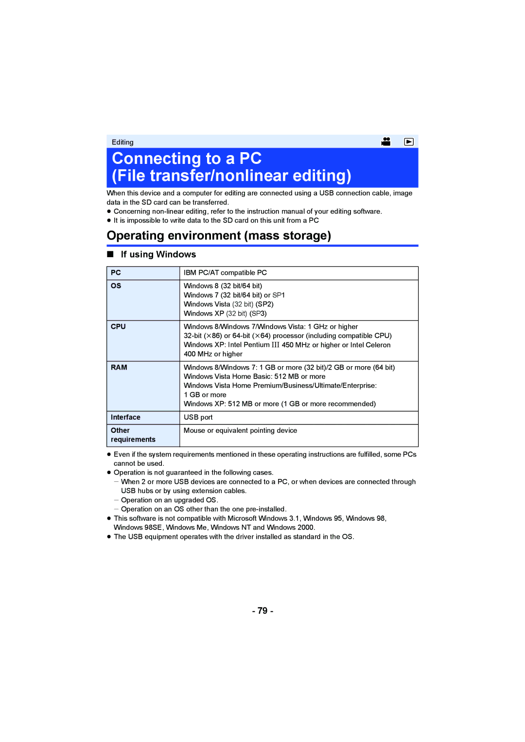 Panasonic AG-AC90P Connecting to a PC File transfer/nonlinear editing, Operating environment mass storage, Cpu, Ram 