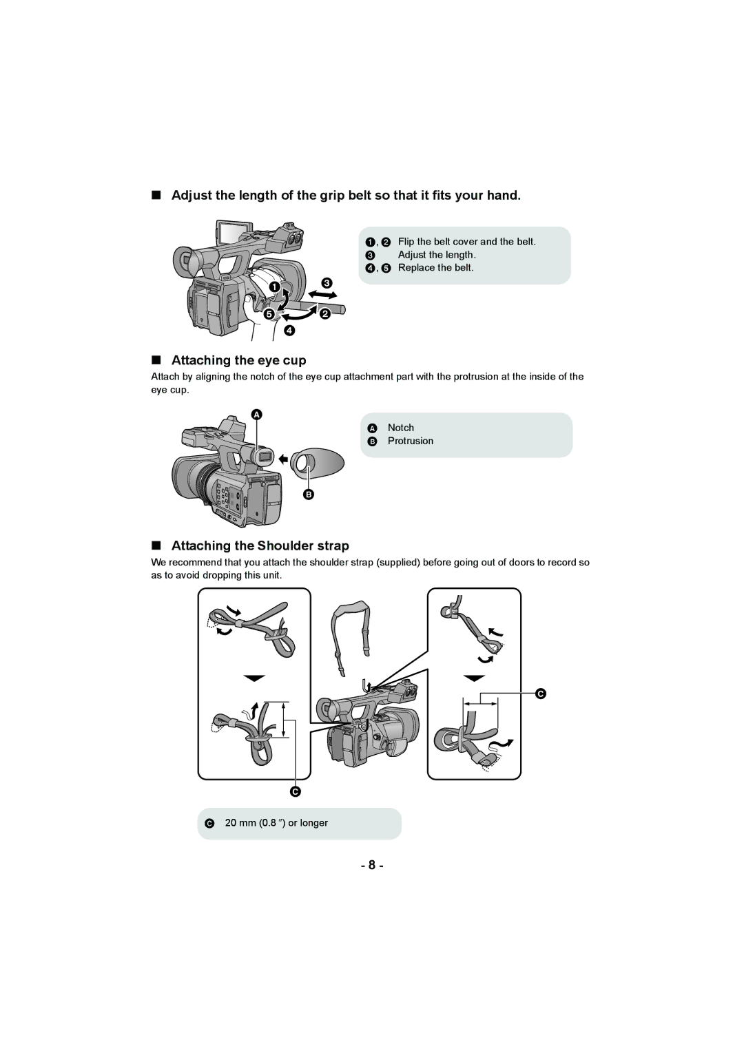 Panasonic AG-AC90PJ, AG-AC90PX operating instructions Attaching the eye cup, Attaching the Shoulder strap,     