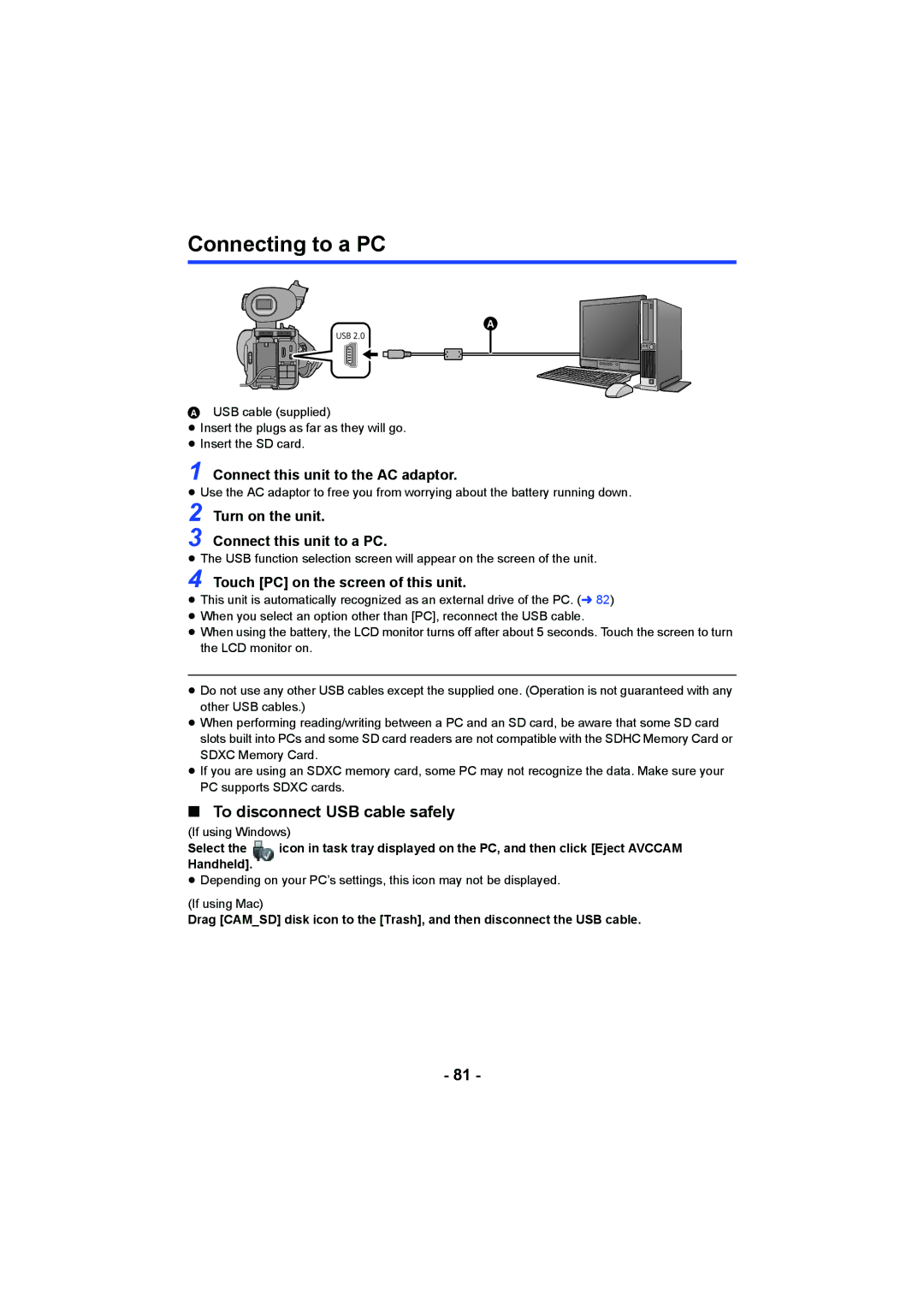 Panasonic AG-AC90PX, AG-AC90PJ Connecting to a PC, To disconnect USB cable safely, Connect this unit to the AC adaptor 