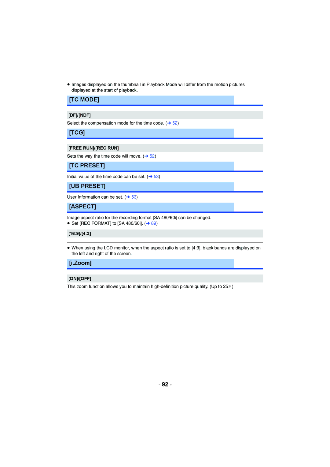 Panasonic AG-AC90PJ, AG-AC90PX operating instructions Aspect, Zoom, Df/Ndf, Free RUN/REC RUN, 169/43 