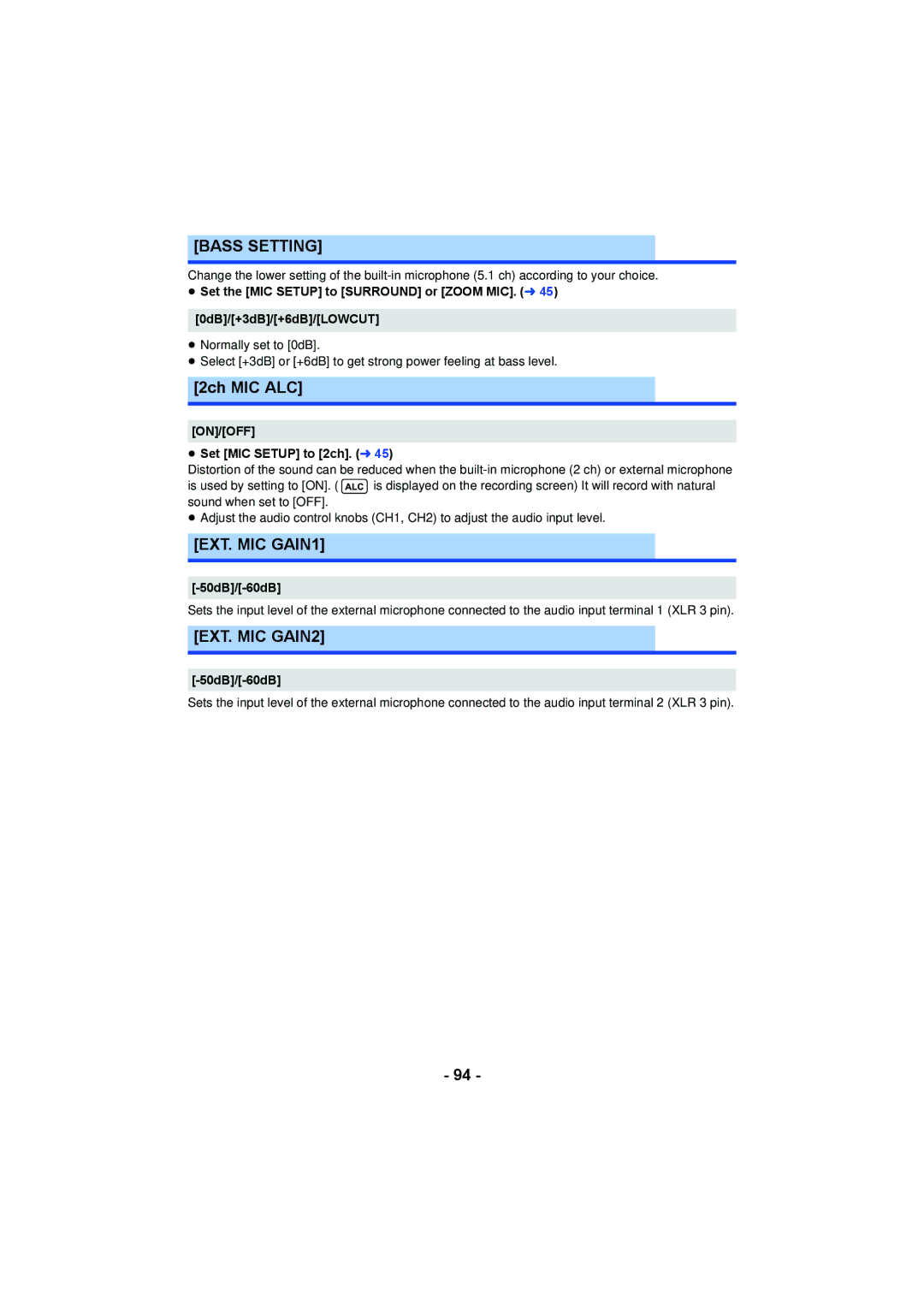 Panasonic AG-AC90PX, AG-AC90PJ operating instructions Bass Setting, 2ch MIC ALC, EXT. MIC GAIN1, EXT. MIC GAIN2 