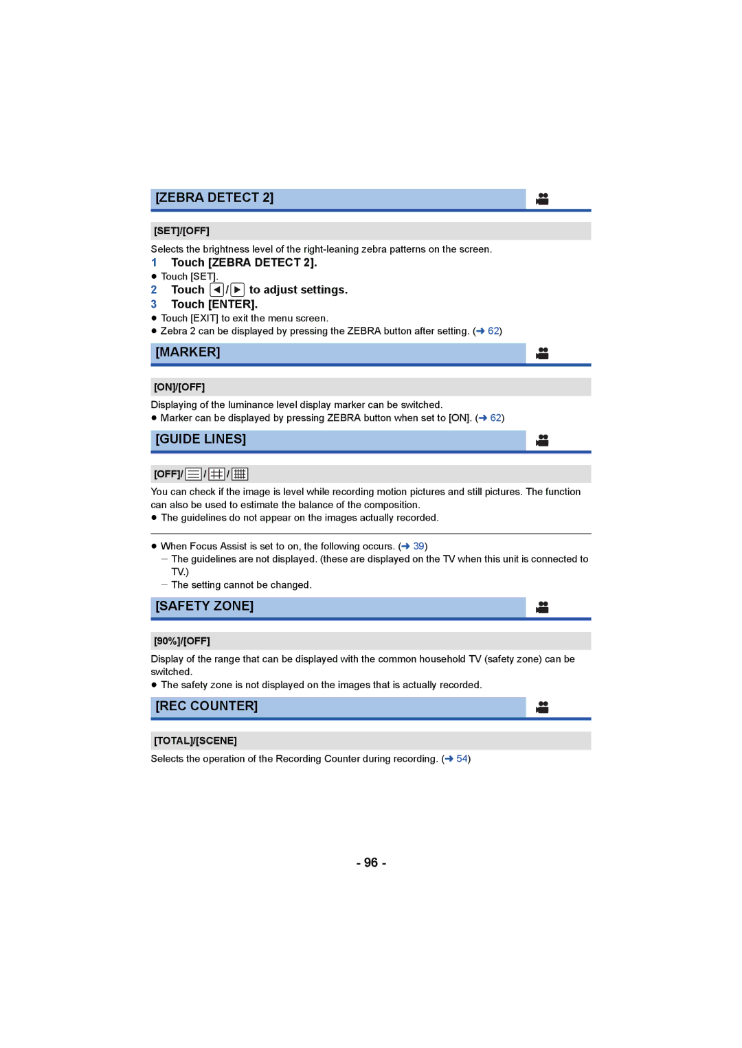 Panasonic AG-AC90PX, AG-AC90PJ operating instructions Marker, Guide Lines, Safety Zone, Set/Off, Total/Scene 