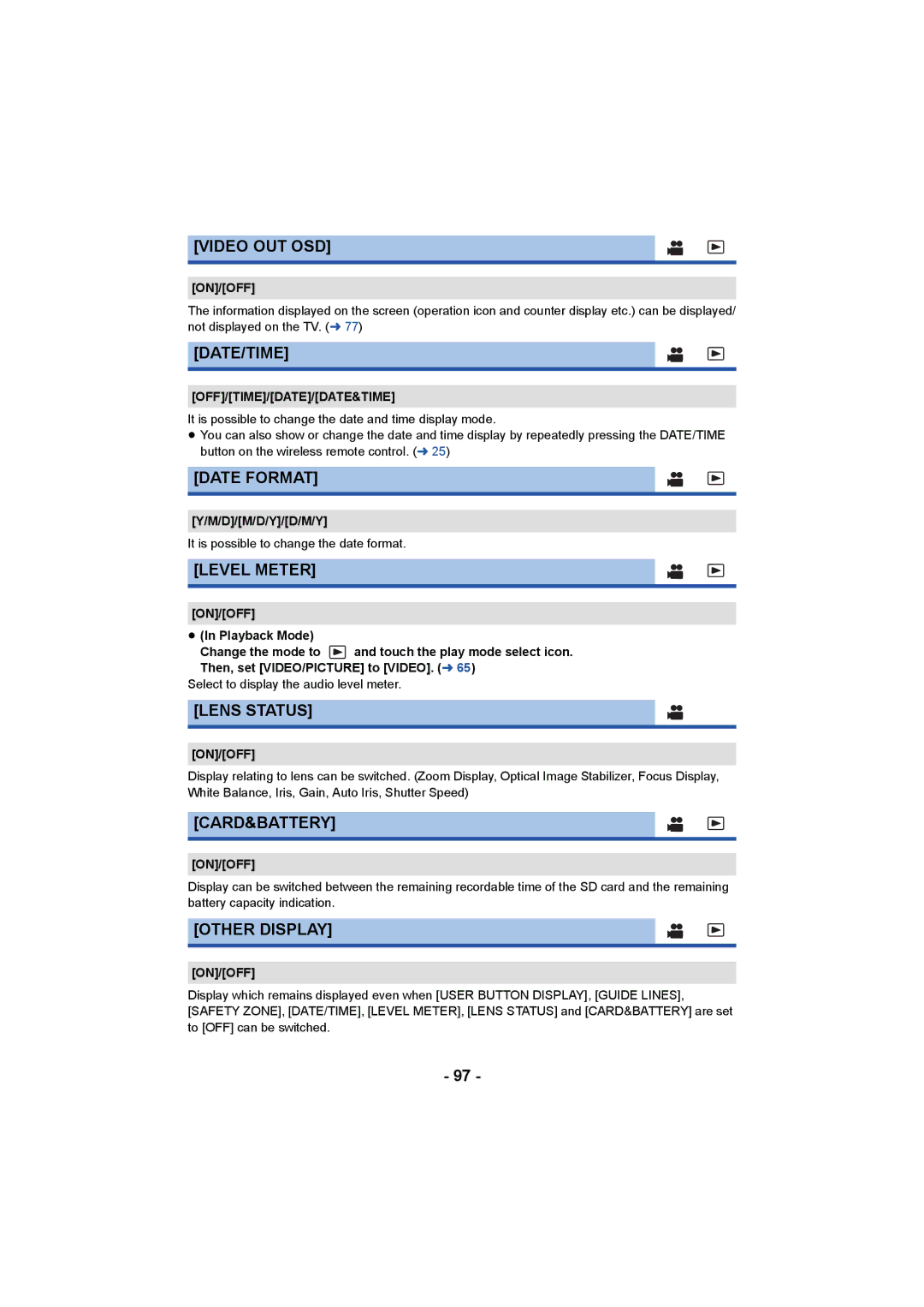 Panasonic AG-AC90PX Video OUT OSD, Date/Time, Date Format, Level Meter, Lens Status, Card&Battery, Other Display 