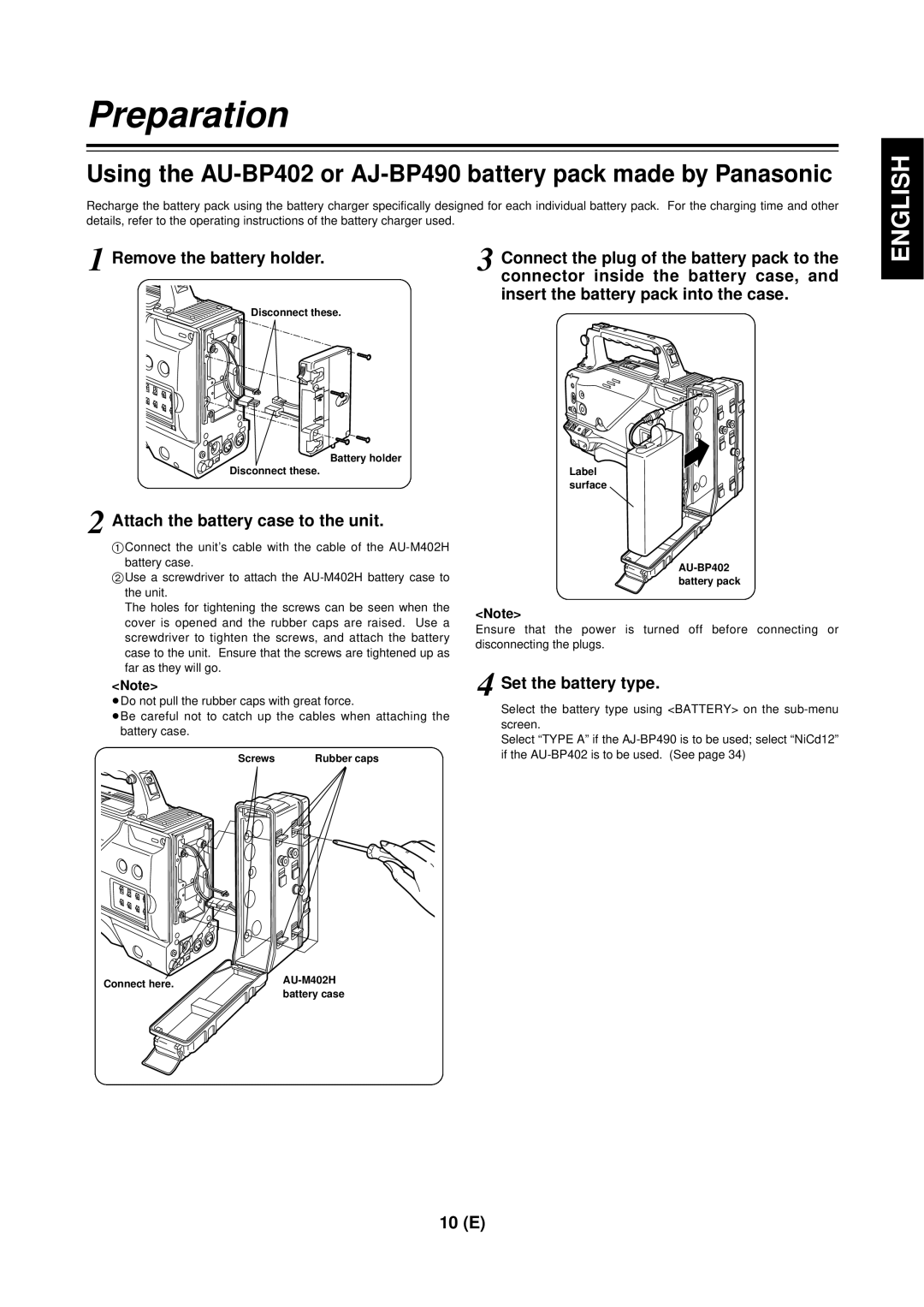 Panasonic AG-DVC 200E Preparation, Remove the battery holder, Attach the battery case to the unit, Set the battery type 