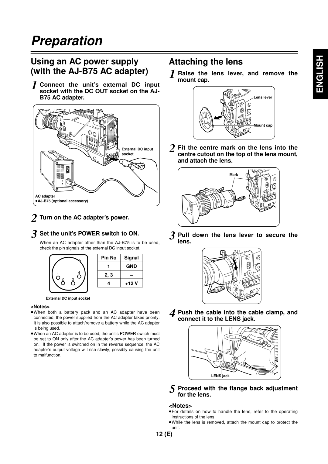 Panasonic AG-DVC 200E manual Attaching the lens, Raise the lens lever, and remove the mount cap 