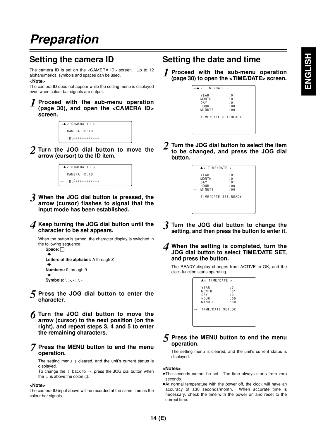 Panasonic AG-DVC 200E manual Setting the camera ID, Setting the date and time, Space ∏ Letters of the alphabet a through Z 