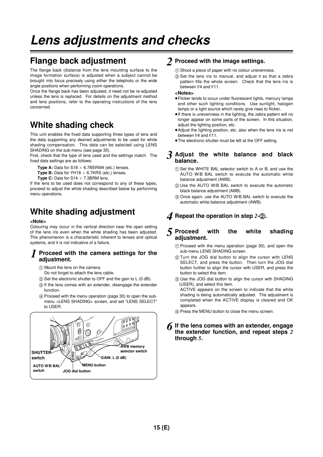 Panasonic AG-DVC 200E Lens adjustments and checks, Flange back adjustment, White shading check, White shading adjustment 