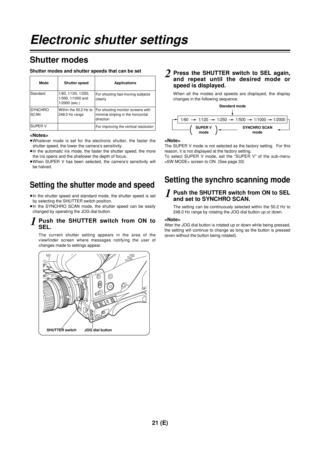 Panasonic AG-DVC 200E manual Electronic shutter settings, Shutter modes, Setting the synchro scanning mode 