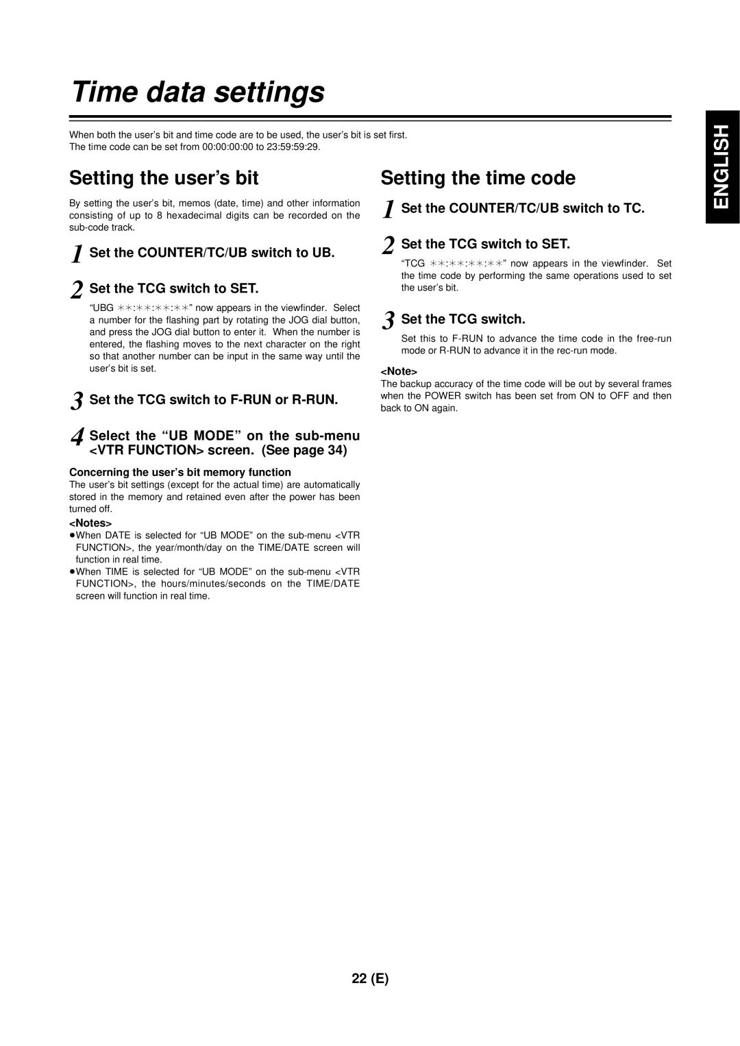 Panasonic AG-DVC 200E manual Time data settings, Setting the user’s bit, Setting the time code, Set the TCG switch 