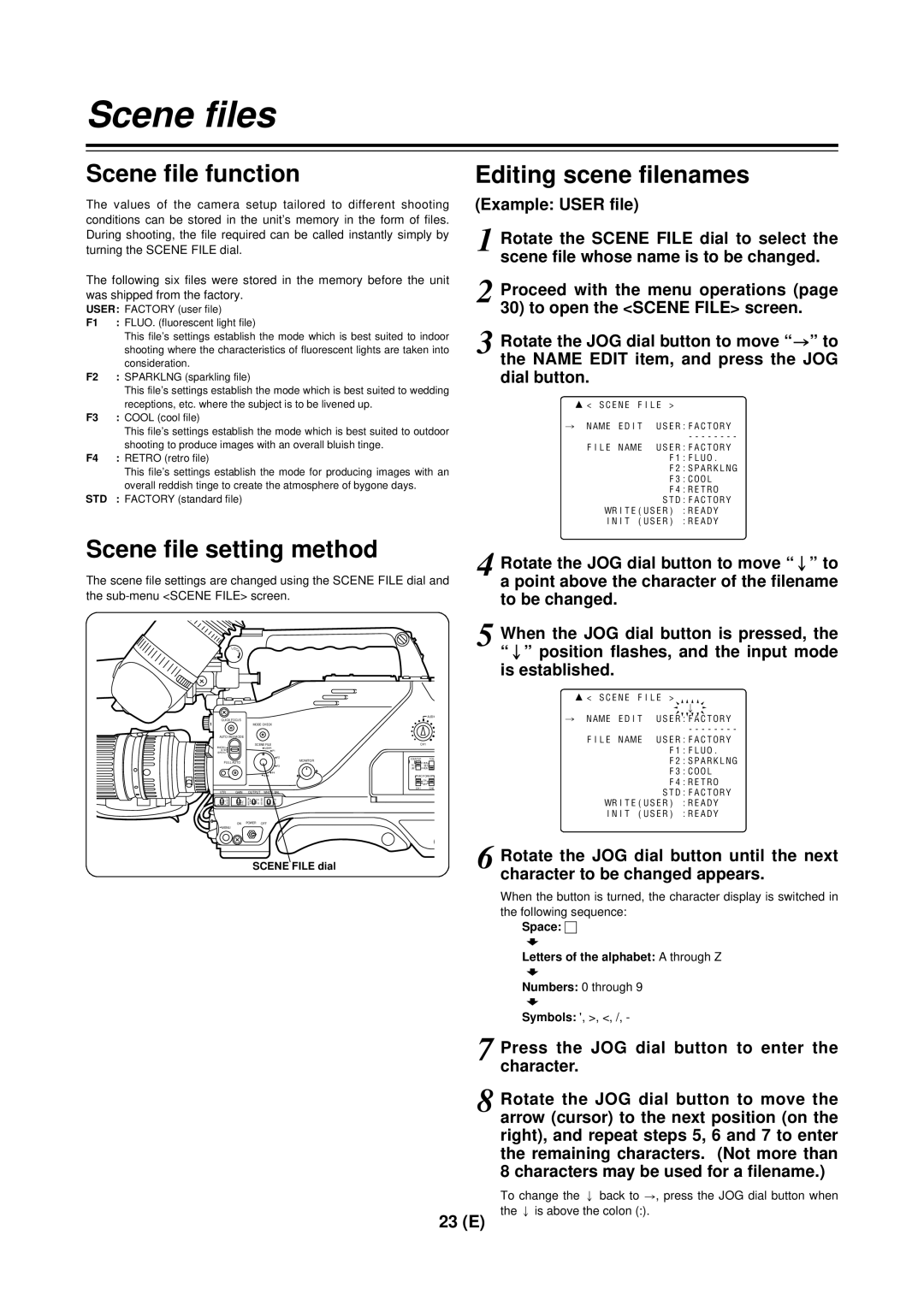 Panasonic AG-DVC 200E manual Scene files, Scene file function, Scene file setting method, Editing scene filenames 