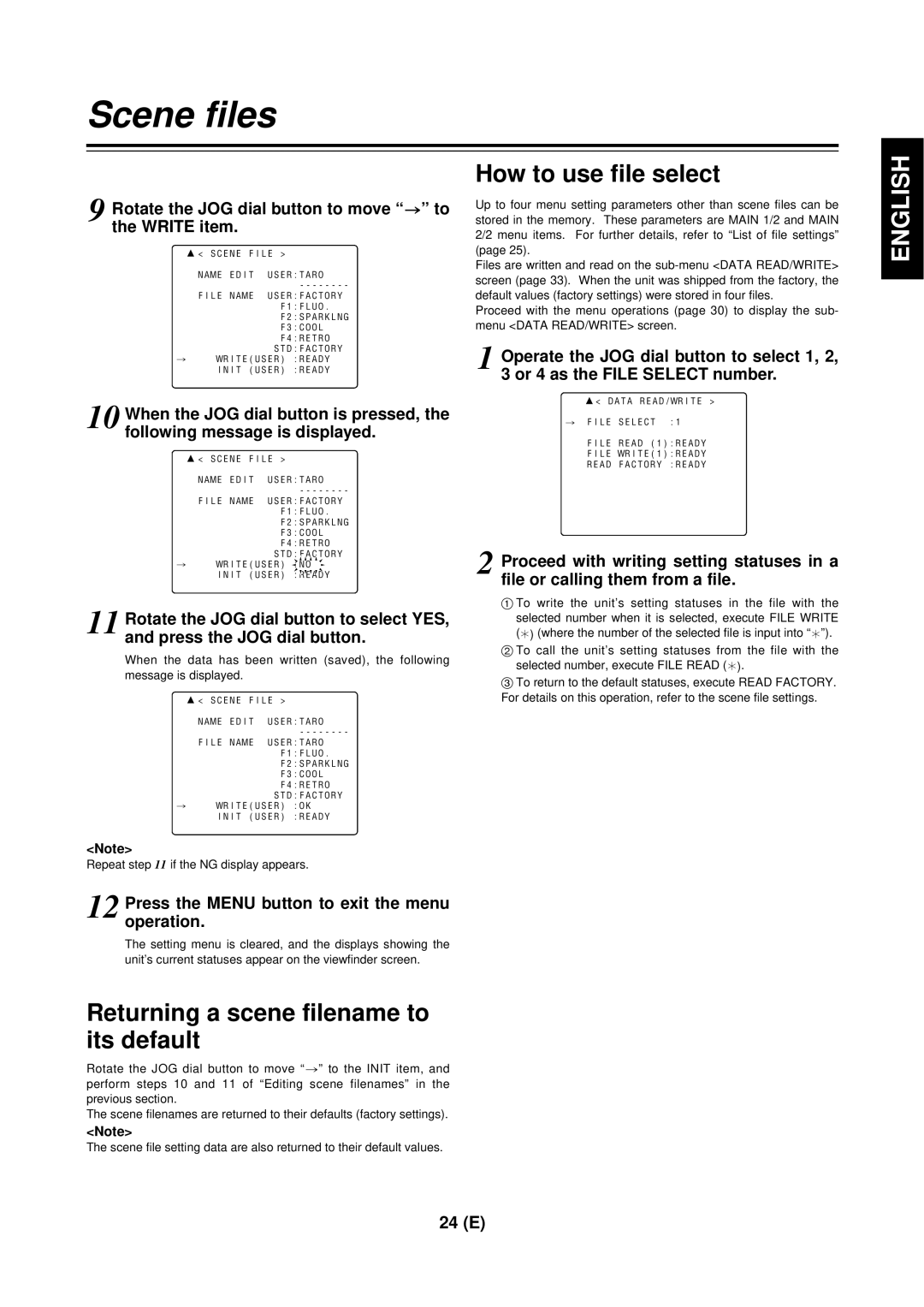 Panasonic AG-DVC 200E manual How to use file select, Returning a scene filename to its default 