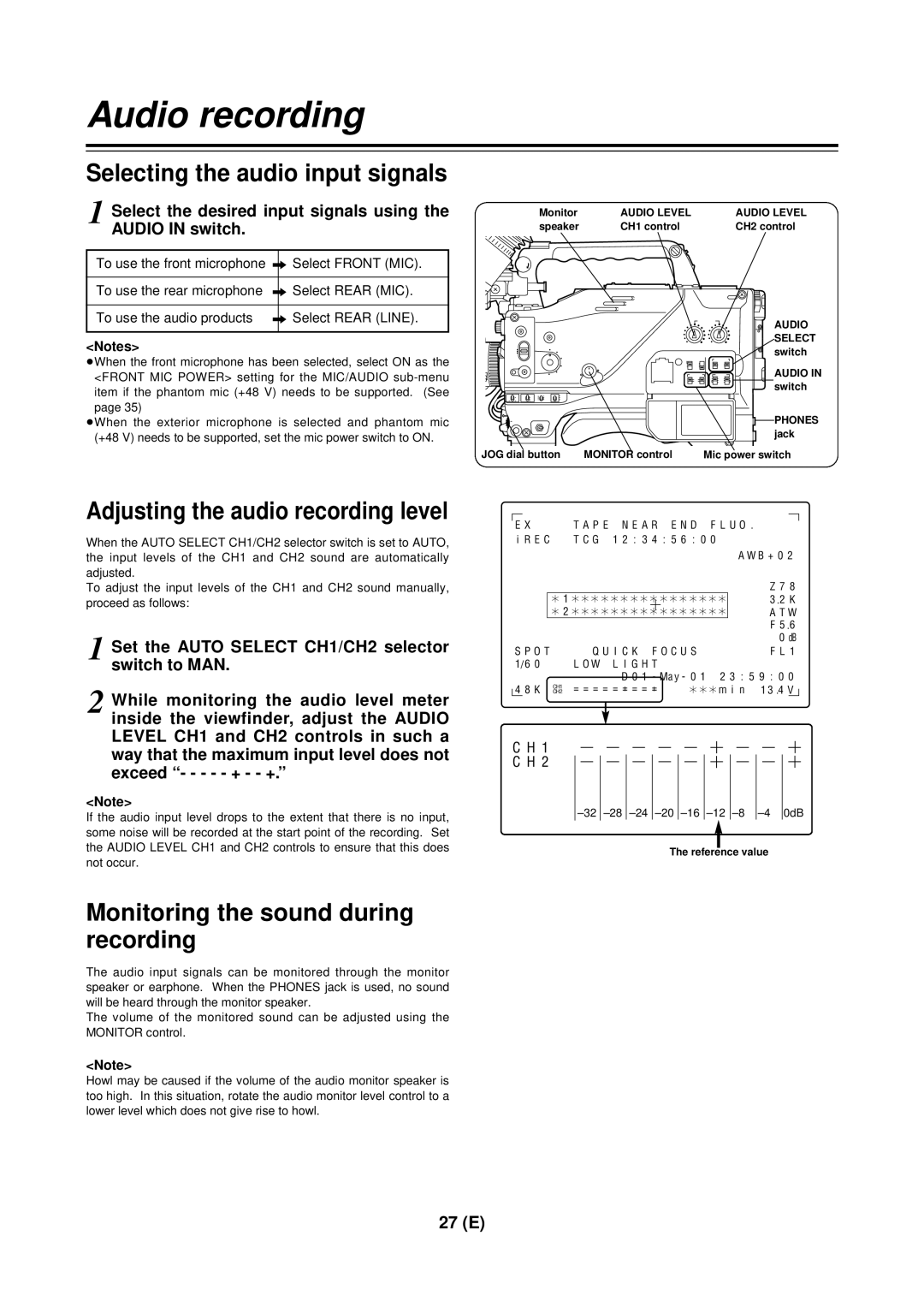 Panasonic AG-DVC 200E manual Audio recording, Selecting the audio input signals, Adjusting the audio recording level 