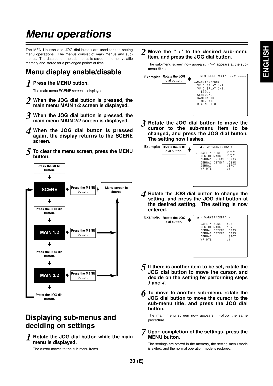 Panasonic AG-DVC 200E manual Menu operations, Menu display enable/disable, Displaying sub-menus and deciding on settings 