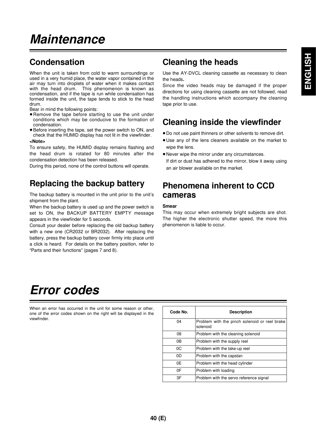 Panasonic AG-DVC 200E manual Maintenance, Error codes 