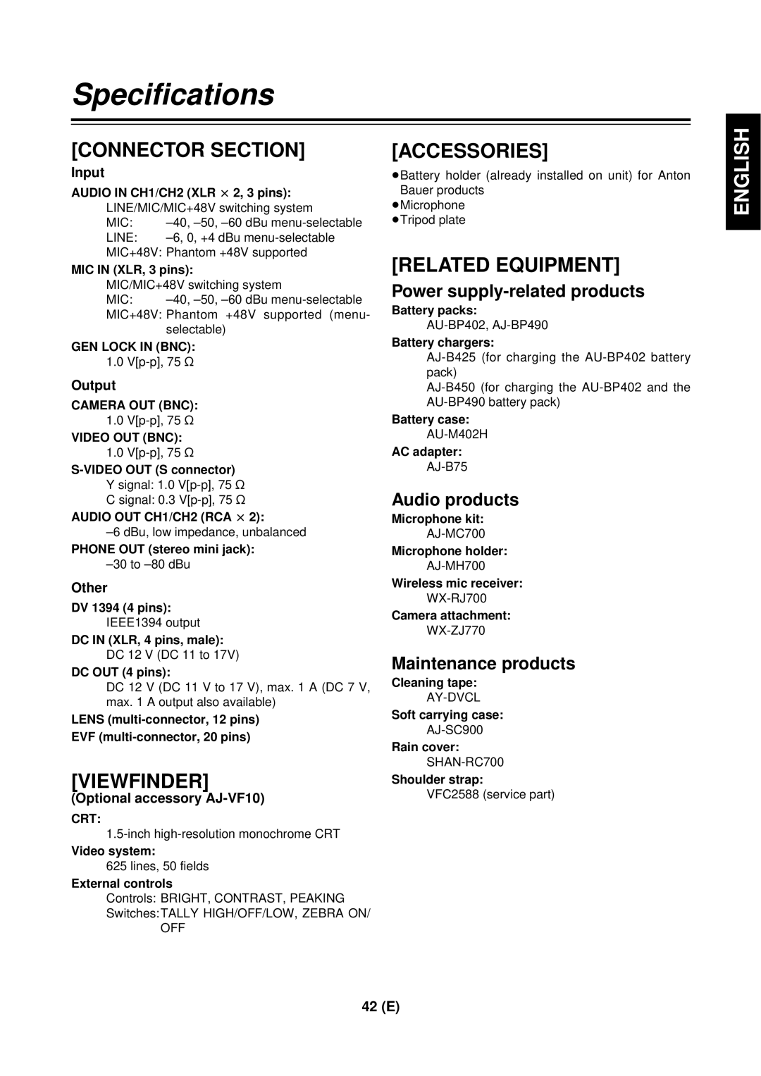 Panasonic AG-DVC 200E manual Input, Output, Other, Optional accessory AJ-VF10 