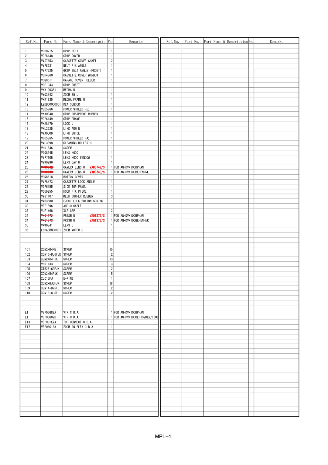 Panasonic AG-DVX100BP, AG-DVC180B, AG-DVX102BEN, AG-DVX100BAN manual MPL-4 