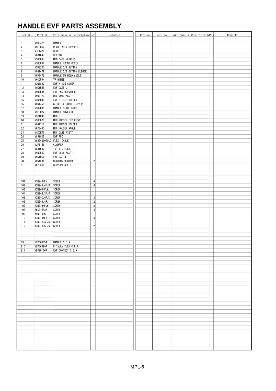 Panasonic AG-DVX100BAN, AG-DVC180B, AG-DVX100BP, AG-DVX102BEN manual Handle EVF Parts Assembly 