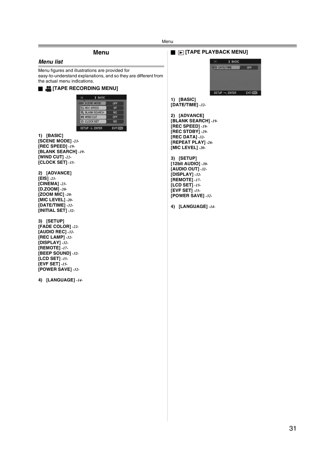 Panasonic AG-DVC20 manual Menu list, Tape Recording Menu, Tape Playback Menu 