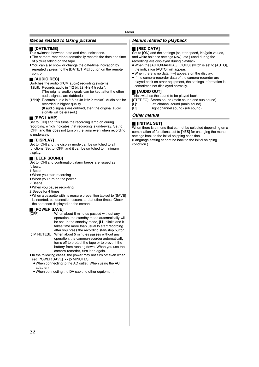 Panasonic AG-DVC20 manual Menus related to taking pictures, Menus related to playback, Other menus 