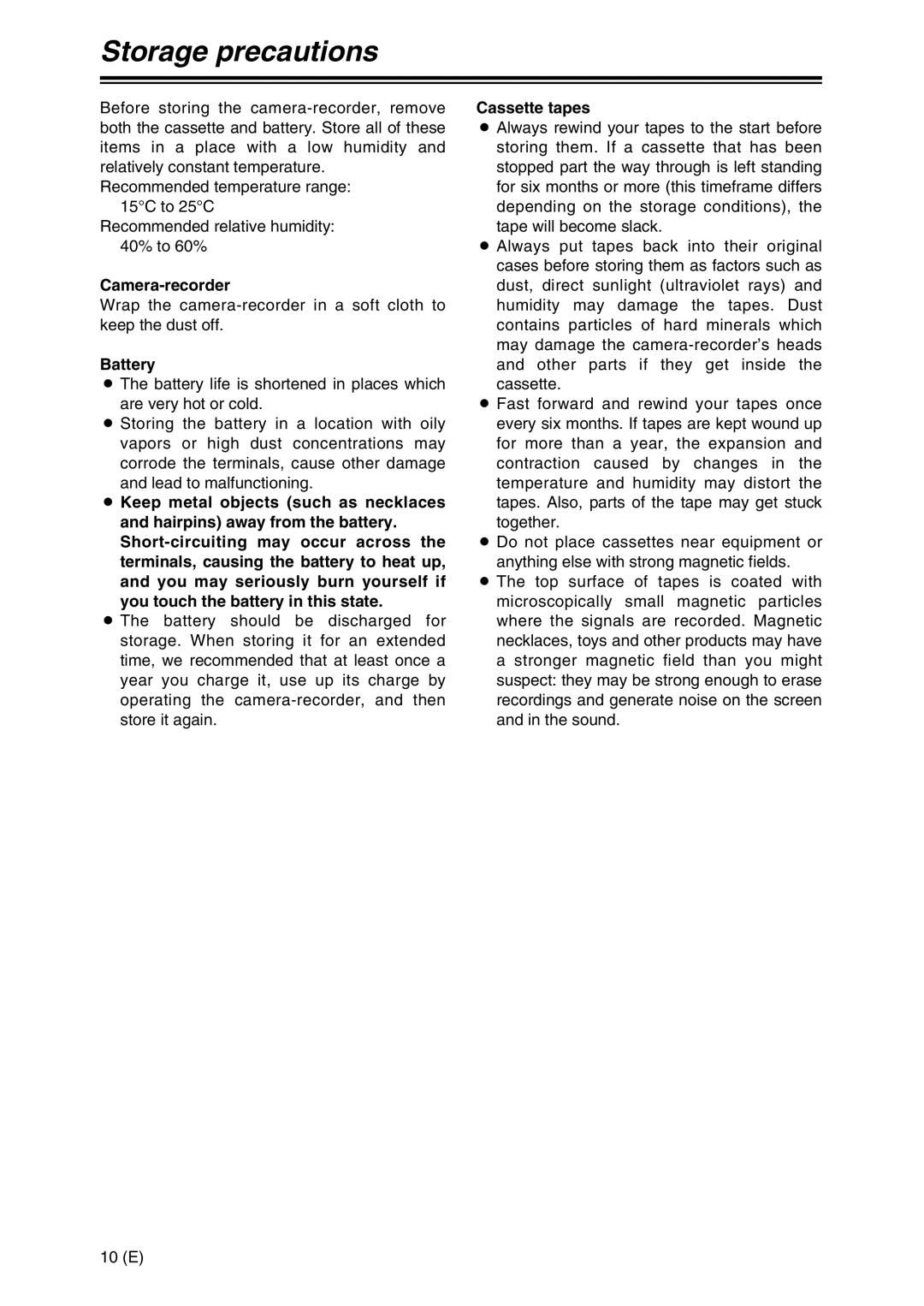 Panasonic AG-DVC30 specifications Storage precautions, Camera-recorder, Battery, Cassette tapes 