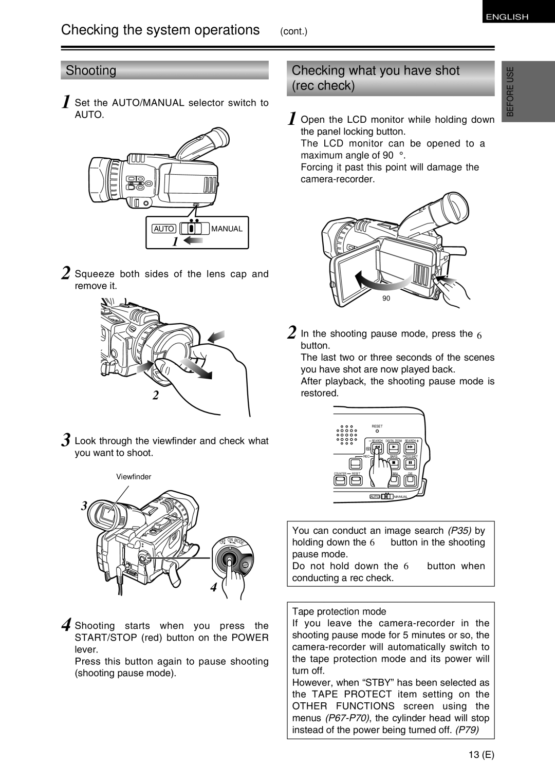 Panasonic AG-DVC30 specifications Shooting, Checking what you have shot, Rec check, Open the LCD monitor while holding down 